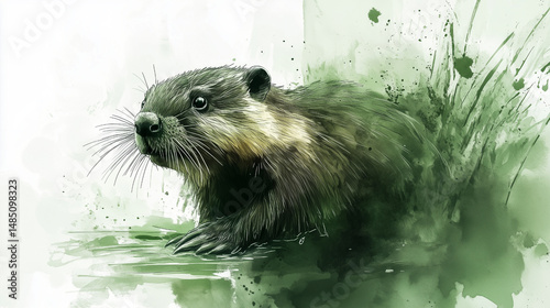 An illustration of a beaver sitting on a log, done in watercolor with expressive brushstrokes and natural tones..
