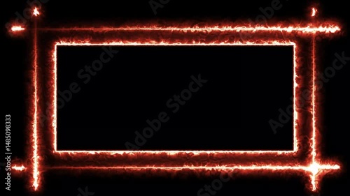 Abstract glowing fire neon rectangle frame animation. Square rectangle picture frame animation icon round retro circle rotate animated on black background