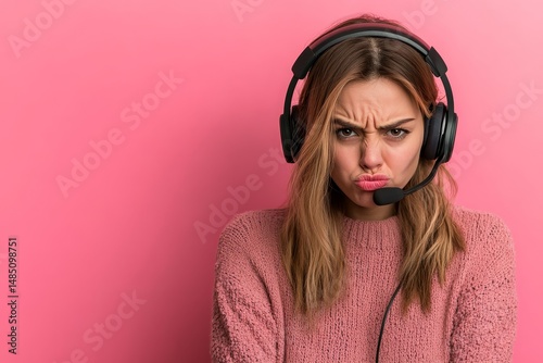 Frustrated Female Gamer Wearing Headset Pink Background Girl Mood Call Woman Angry Model Audio Young