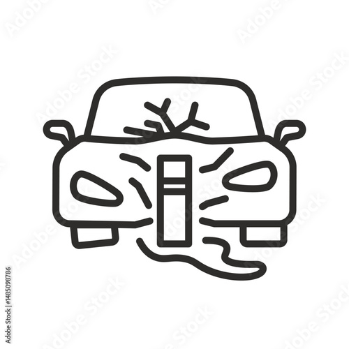 Car hitting barrier pole. Damaged auto icon. Road crash. Vector illustration.