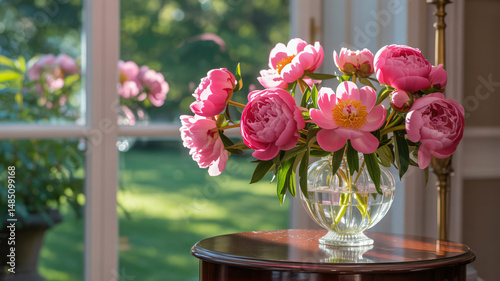 Pink peonies in a glass vase by a window