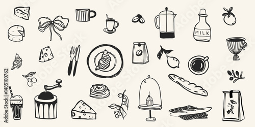 Coffee breakfast food doodle hand drawn in simple line style. Vector crayon chalk whimsical illustration for party, menu illustration design, restaurant, cafe. 