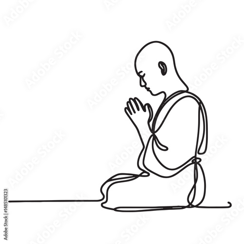monk in prayer simple one line drawing vector illustration