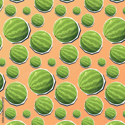 Juicy green watermelon vector pattern on warm orange gradient. Great for wrapping paper, product packaging, summer branding, or food-themed backgrounds.