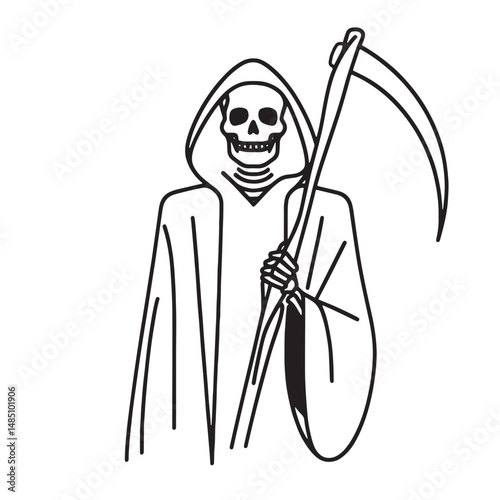 Simple Vector one line drawing of a skeleton in a robe holding a scythe, the grim reaper 