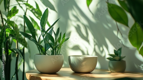 Potted green plants in sunlight for home photography scene setup composition wellness interior life decor natural fresh calm leaves