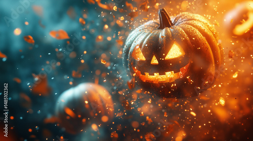 Glowing pumpkins with scary faces float in the air among bright sparkles and autumn leaves against a mystical blue background.
