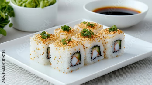 Sushi Rolls with Sesame Seeds, Green Garnish, and Crab on White Plate, Accompanied by Soy Sauce and Avocado