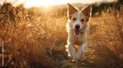 Lively dog runs joyfully through rural field of long golden grass, illuminated by warm glow of setting sun, creating serene and happy atmosphere