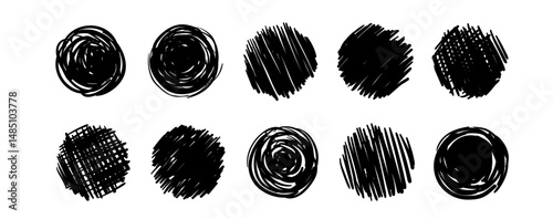 Grungy black ink circle set. Hand drawn rough round shapes with crayon, pencil, brush texture in punk zen style. Scribbled vector shapes as sun symbols or abstract design Chinese, Japanese  elements