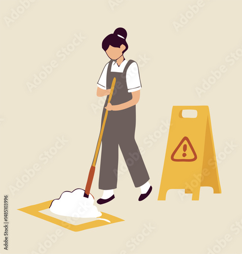 A female janitor cleaning the floor with mop and wet floor caution sign