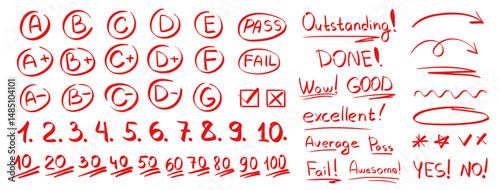 Exam grades for tests, evaluations, and classroom visuals. School grade chart with red marker letters and percentage ranges. Handwritten A to F scores with meanings: Excellent to Fail. Vector set