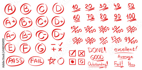 Red pen grade marks and test symbols. Vector Hand drawn school scores from A+ to F, percentages, checkboxes, stars, and comments Excellent and Fail. Doodle exam elements for educational design. 