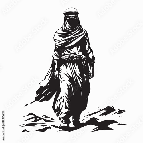 Bedouin in National dress standing in the desert Silhouette vector on white background.