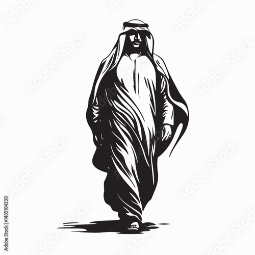 Bedouin in National dress standing in the desert Silhouette vector on white background.