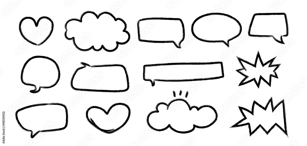 Fototapeta premium Cute crayon speech bubble set in doodle style. Hand drawn chalk balloons for dialog, talk, and chat. Funky sketch frames, colorful pencil clouds, and geometric shapes. Vector illustration