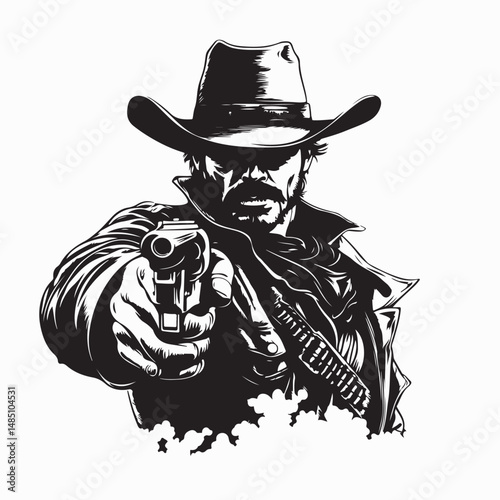 Wild West Bandit Aiming His Gun With Confidence During A Desert Showdown Scene