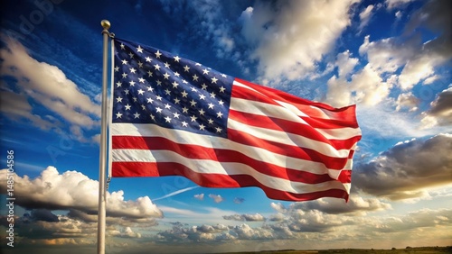A large American flag is flying in the wind, its fabric fluttering gently as it dances above a patriotic landscape , outdoor scene, patriotic landscape