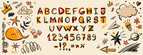 Pastel crayon kids font with playful doodles. Hand-drawn alphabet, numbers, and symbols surrounded by cute sketchy elements like stars, clouds, crowns, and paper planes. Fun school-style vector set.