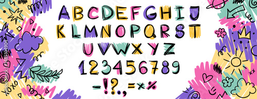 Crayon kids font, doodle funny playful alphabet, hand drawn letters and numbers. School wax crayon abc for educational banners, school, kindergarten. Vector cartoon children illustration