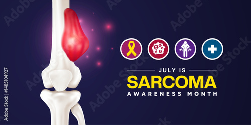 July is National Sarcoma Awareness Month. Bone, cancer,  light and more. Great for posters, banners, social media and more. Dark background.