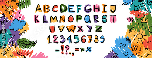 Crayon kids font, doodle funny playful alphabet, hand drawn letters and numbers. School wax crayon abc for educational banners, school, kindergarten. Vector cartoon children illustration