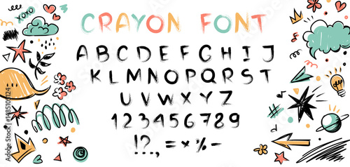 Pastel crayon kids font with playful doodles. Hand-drawn alphabet, numbers, and symbols surrounded by cute sketchy elements like stars, clouds, crowns, and paper planes. Fun school-style vector set.