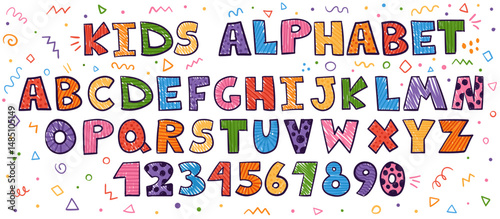 Crayon kids font, doodle funny playful alphabet, hand drawn letters. School wax crayon abc for educational banners, school, kindergarten. Vector cartoon children illustration