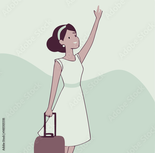 Cheerful woman in white dress points upwards while holding a suitcase and traveling