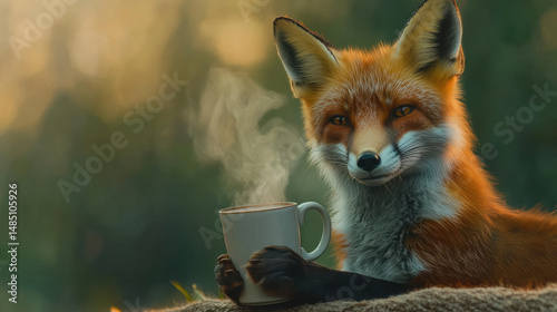 A charming fox holding a steaming cup, exuding warmth in a serene, blurred forest background.
