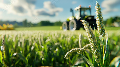 Photorealistic image of serene countryside field with wheat and tractor in background, showcasing agricultural beauty