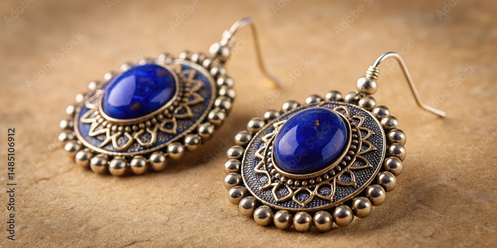Obraz premium Afghan silver earrings with lapis lazuli gemstones on a beige background, close-up, precious stone