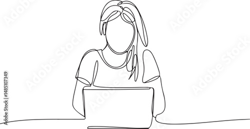 Continuous one line drawing of a young woman sitting at a laptop, relaxed yet focused posture, minimalist black and white illustration

