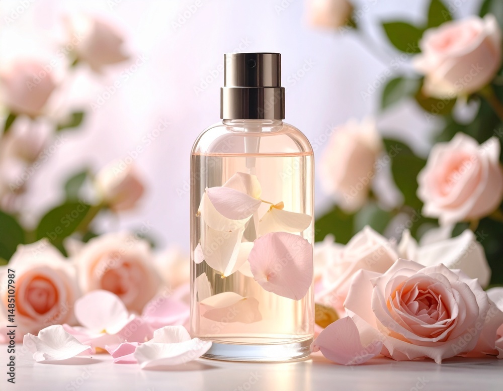 Clear bottle filled with rose-infused toner, emphasizing floral freshness Clear bottle filled with rose-infused toner, emphasizing floral freshness