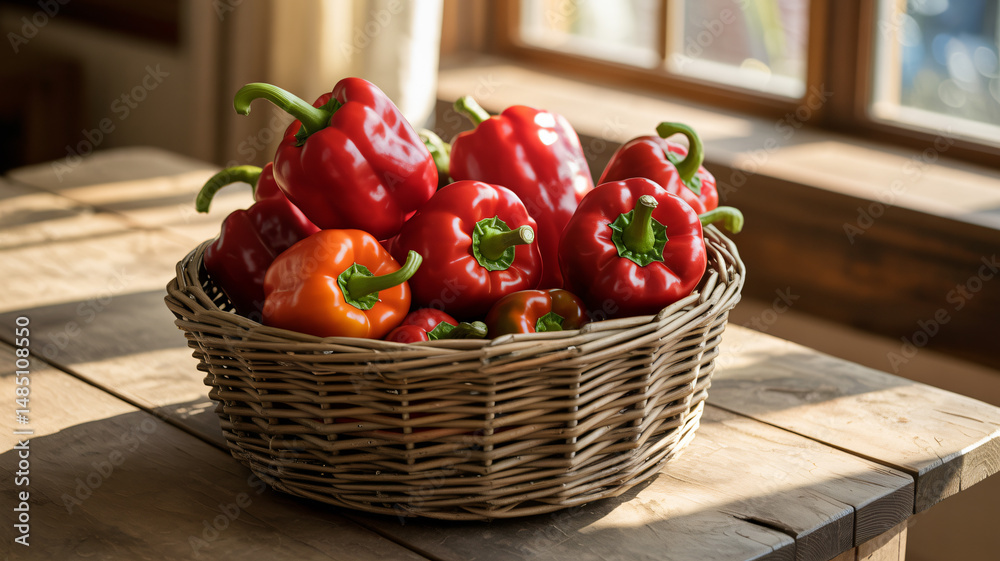Red peppers drying in the sun in a basket