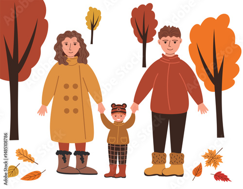 Happy young family spending time together. Walk in autumn park