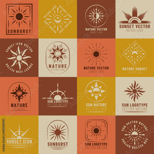 Sun symbol. Badge moon. Sunrise star logo. Radial line icon with twinkle, summer sunset logotype. Emblem in linear water element. Geometry sign. Badge or label decorative. Vector garish design set