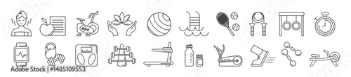 Fitness icon. Sport symbol. Exercise equipment for rowing machine. Sign of spa sauna. Dumbbell and bike. Healthy diet. Yoga ball. Physical gym element. Vector wellness center garish pictograms set