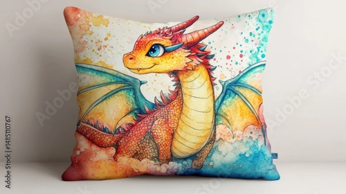 A cute dragon illustration on a pillow cover design, set against a plain background, in a 16:9 aspect ratio. The pillow cover features vibrant colors and unique textures, showcasing a blend of whimsic photo