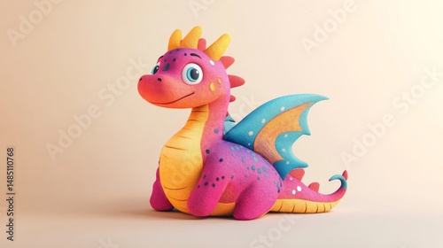 A cute dragon illustration on a pillow cover design, set against a plain background, in a 16:9 aspect ratio. The pillow cover features vibrant colors and unique textures, showcasing a blend of whimsic photo