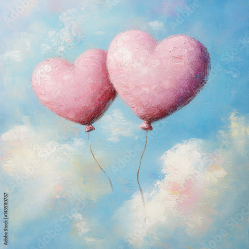 Two pink heart-shaped balloons float in a serene blue sky, surrounded by soft clouds, evoking love and joy.