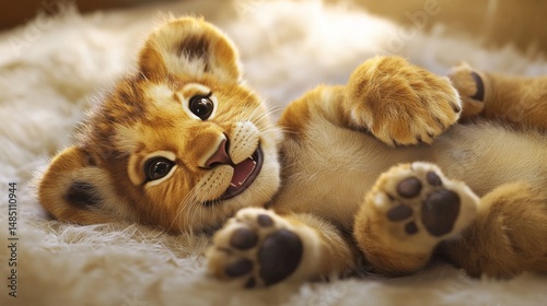 A cute lion cub with open eyes is smiling, he is lying on his back, his paws are raised up, he has a fluffy tail and beautiful ears. realistic picture