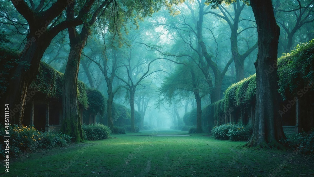Naklejka premium Misty forest path with towering trees and lush greenery enveloped in ethereal blue fog, creating a serene, mystical natural sanctuary