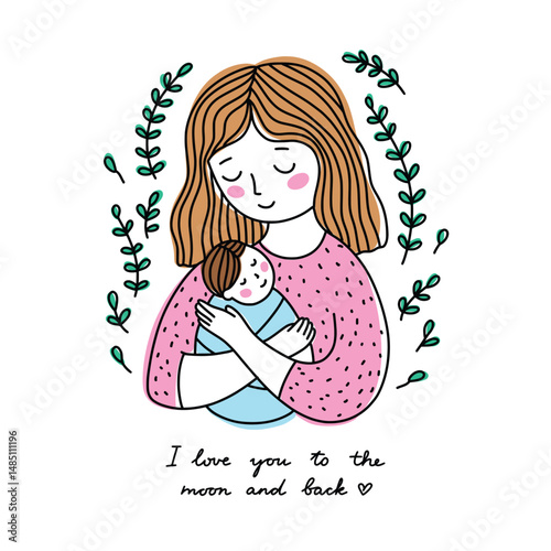 Mother and baby cute vector illustration with lettering