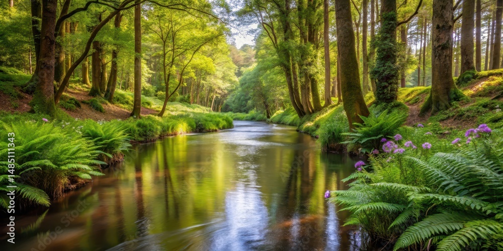 A tranquil river winding its way through a dense thicket of trees in a lush green forest ecosystem surrounded by tall ferns and wildflowers, nature reserve, peaceful atmosphere A tranquil river winding its way through a dense thicket of trees in a lush green forest ecosystem surrounded by tall ferns and wildflowers, nature reserve, peaceful atmosphere
