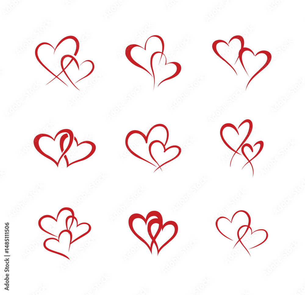 Romantic Red Double Heart Symbol Set. Love Line Art Collection Isolated on White. Romantic Red Double Heart Symbol Set. Love Line Art Collection Isolated on White.