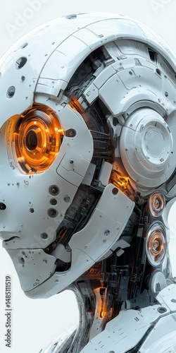 Close up of a futuristic humanoid robot head and neck with internal glowing components on white background