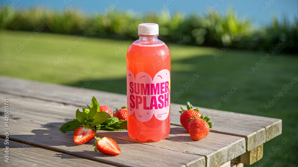 Refreshing pink beverage in a clear plastic bottle with a white cap a perfect thirst quencher for su