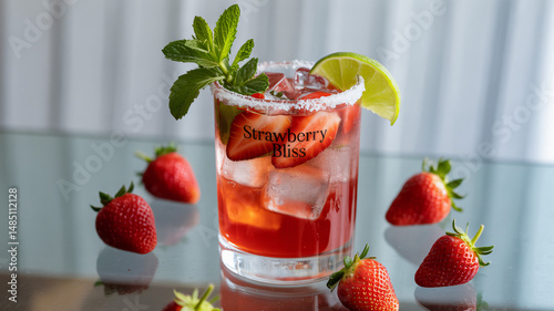 Refreshing Strawberry Cocktail with Lime and Mint Isolated on Transparent Background