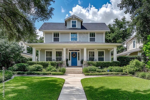Exterior view of two story gray house with blue front door and green lawn